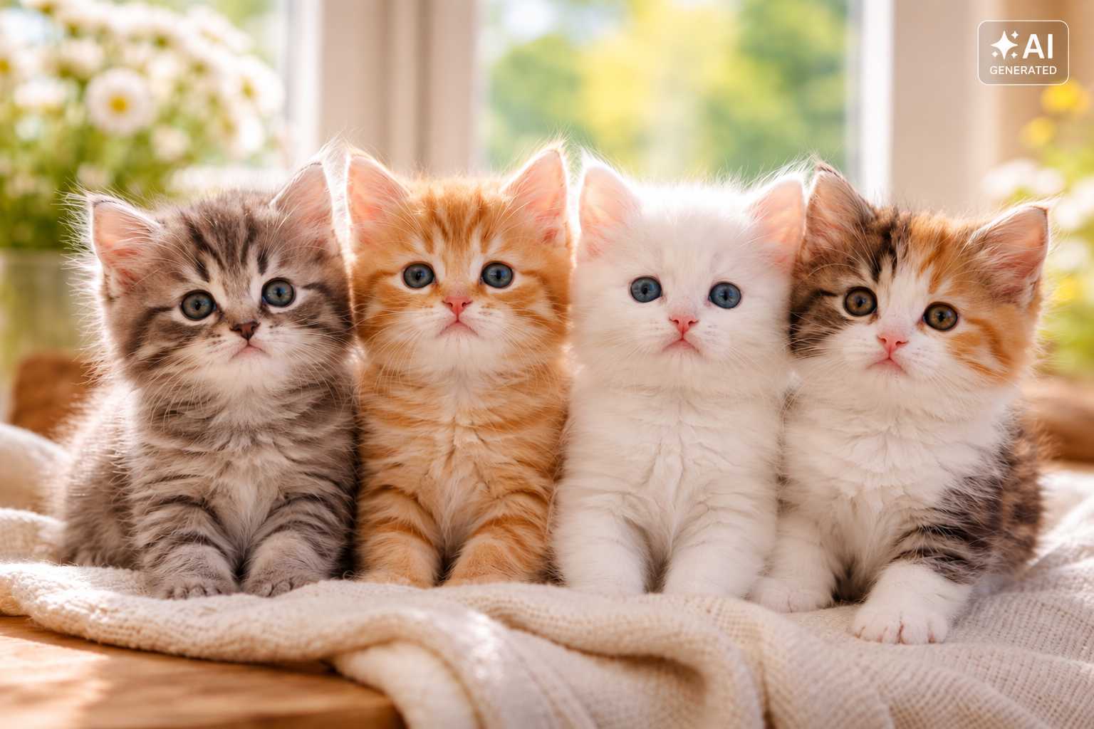 Vier junge Katzen sitzen nebeneinander auf einer weichen Decke